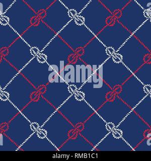Hand-Drawn Seil Diagonal Plaid mit Zeppelin Bend nautische Knoten Vektor nahtlose Muster. Rot und Blau Marine Hintergrund. Meer, Ozean Elemente. Stock Vektor