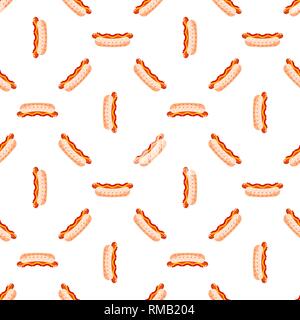 Cartoon cute Hotdogs auf weißem Hintergrund. Nahtlose Muster. Flache Vector Illustration. Stock Vektor