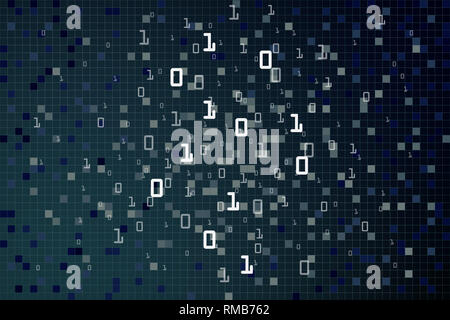Computer Data Matrix. Vertikale binären Code bewegen Bewegung nach unten. blau, eins und null Text fließen. schwarzer Hintergrund Pixel Platz Stockfoto