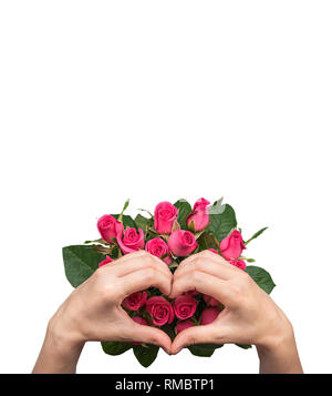 Frauen Hände mit einem Blumenstrauß aus Rosen. Stockfoto
