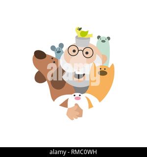 Logo der tierärztlichen Klinik. Tierärztin mit Haustieren, Katze, Hund, Maus, Vogel, Frettchen und Kaninchen. Vektor Bild auf weißem Hintergrund. Stock Vektor