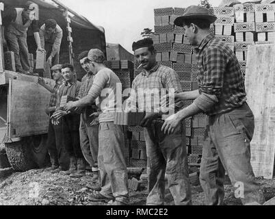 Ausländische Arbeitnehmer bei der Arbeit auf einer Baustelle in der Nähe von München. Stockfoto