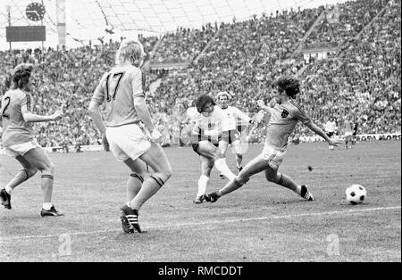 Die 1974 FIFA WM-Finale Deutschland vs Holland: Hier ist das Ziel von Gerd Müller, die den Endstand 2:1. Stockfoto