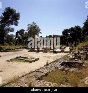 Antike Stätten in Griechenland, Blick auf den Tempel der Hera in Olympia, Mai 1984. Stockfoto