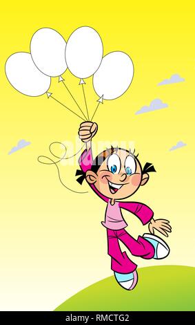 In Vector Illustration ein wenig Cartoon Mädchen auf einem Spaziergang, mit Luftballons in der Hand. Stock Vektor