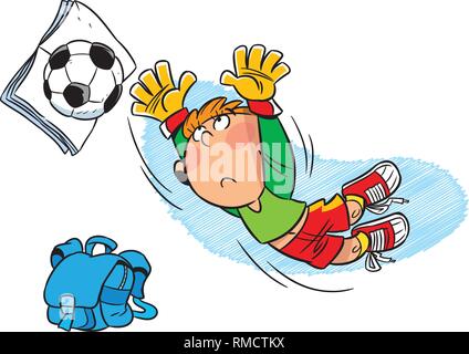 Schüler Fußballer nach der Schule spielen mit Fußball. Abbildung im Cartoon Stil gemacht, auf separaten Ebenen. Stock Vektor