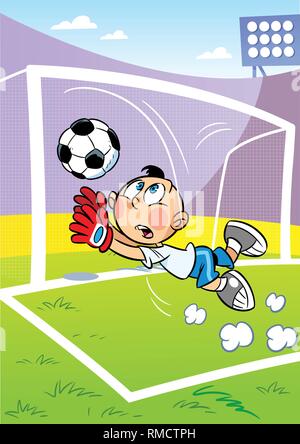 Die Abbildung zeigt die Junge auf dem Fußballplatz. Er ist ein Torwart und Er fängt den Ball in das Ziel. Zeichen gegen das Stadion entfernt Stock Vektor