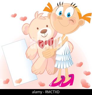 In der Vector Illustration Cartoon Mädchen mit einem Teddybären und eine Karte in der Hand Stock Vektor