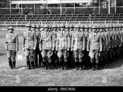 Militärische Zeremonie anlässlich der Vereidigung von Absolventen der offiziershochschule "Ernst Thälmann" der Landstreitkräfte der Nationalen Volksarmee (NVA) der DDR in Löbau. Stockfoto