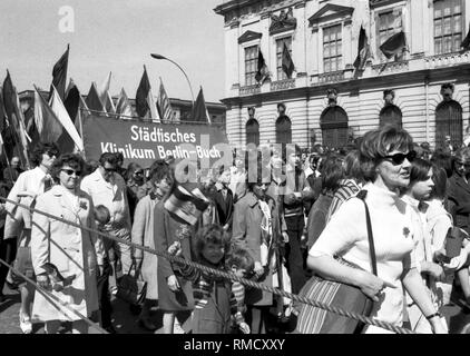 Protestmarsch mit Bannern, Fahnen und banderolen am 1. Mai 1973 von der Straße Unter den Linden auf dem Marx-Engels-Platz in Ost-Berlin. Stockfoto