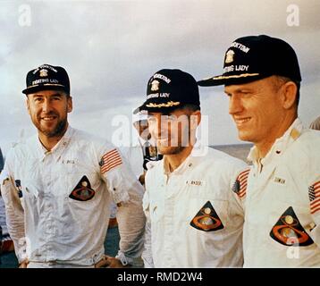 Die Crew von Apollo 8: James A. Lovell, William A. Anders, Frank Borman (von links nach rechts). Das Ziel der Apollo 8 Mission war die erste Umlaufbahn des Mondes von einem bemannten Raumschiff. Stockfoto