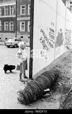 Im Juli 1990 begann die systematische und vollständige Abbau der Grenzanlagen in Berlin. Ein Bewohner von Seydlitzstrasse im Bezirk Mitte beobachtet die Abbauarbeiten. Stockfoto