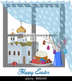Ein Fenster mit Blick auf die orthodoxe Kirche flach auf einen weißen Hintergrund mit Ostern Symbole und Text isoliert. Vektor Stock Vektor