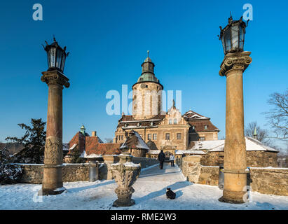 Schloss Czocha, 14. Jahrhundert, umgebaut im frühen 20. Jahrhundert, hotel, im Winter, in der Nähe von Lesna, Niederschlesien, Polen Stockfoto