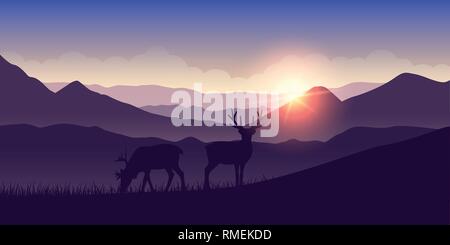 Zwei Tiere Rentiere auf Purple Mountain Landschaft bei Sonnenaufgang Vektor-illustration EPS 10. Stock Vektor