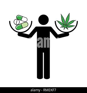 Mann hält Tabletten in einer Hand und Cannabis in der anderen Hand das Piktogramm Vektor-illustration EPS 10. Stock Vektor