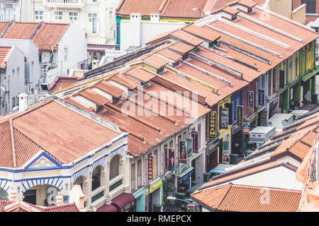 Singapur/Singapur - 10. Februar 2019: Little India konserviert shophouse Bezirk Luftaufnahme Stockfoto