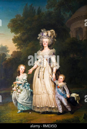 Königin Marie Antoinette von Frankreich (1755-1793), und zwei ihrer Kinder zu Fuß im Park von Trianon, Porträtmalerei von Adolf Ulrik Wertmüller, 1785 Stockfoto