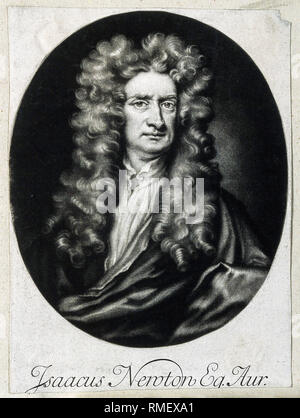 Sir Isaac Newton, (1642-1726/27), mezzotint Portrait Print nach Sir Godfrey Kneller, 1702 Stockfoto