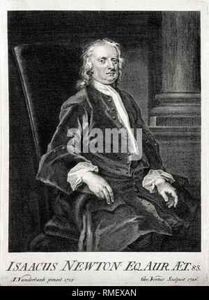 Sir Isaac Newton (1642-1726/27), Porträtstich nach J Vanderbank von G Vertue 1726 Stockfoto