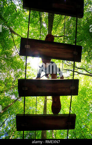 Hochseilgarten in einem Wald. Treetop adventure Kurs gesehen aus dem Boden: Jemand zu Fuß auf einem Steg, umgeben von Bäumen Stockfoto