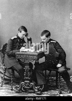 Grand Duke Alexander Alexandrovitch von Russland (1845-1894) mit seinem Bruder Wladimir Alexandrowitsch von Russland (1847-1909). Albumin Photo Stockfoto