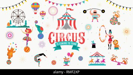 Zirkus banner Vorlage und Hintergrund mit Zelt, Affe, Luftballons, Gymnastik, Elefanten auf Kugel, Löwe, jugger und Clown. Vector Illustration Stock Vektor