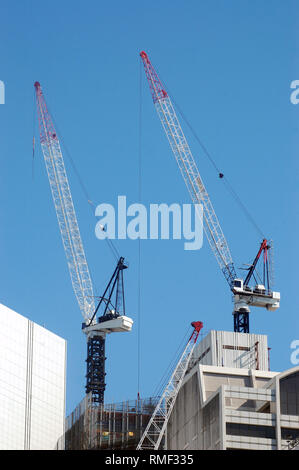 Krane bei der Arbeit an einem zentralen Ort Gebäude Standort Stockfoto