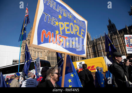 Anti Brexit pro Europa Demonstranten protestieren in Westminster gegenüber dem Parlament als MPs Aussprache und Abstimmung über die Änderungsanträge zum Rücktritt Vereinbarung Pläne Am 14. Februar 2019 in London, England, Vereinigtes Königreich. Stockfoto