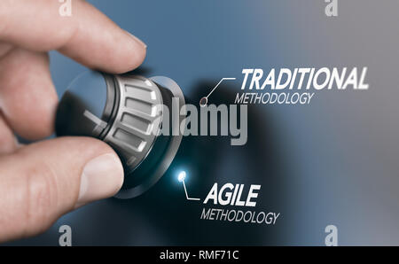 Mann Drehknopf auf veränderte Projektmanagement-methodik vom traditionellen zum Agile PM. Das zusammengesetzte Bild zwischen einer hand Fotografie und eine 3D-backgrou Stockfoto