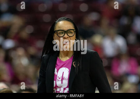 Columbia, SC, USA. 14 Feb, 2019. Südcarolina Kampfhähne Haupttrainer Dawn Staley ist nicht mit ihrer Mannschaft in der ersten Hälfte des sek Basketball matchup im Colonial Life Arena in Columbia, SC beeindruckt. (Scott Kinser/Cal Sport Media) Credit: Csm/Alamy leben Nachrichten Stockfoto