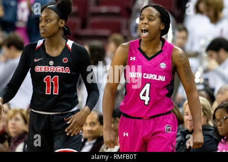 Columbia, SC, USA. 14 Feb, 2019. Südcarolina Kampfhähne guard Doniyah Cliney (4) feiert nach einem Umsatz in der sek Basketball matchup im Colonial Life Arena in Columbia, SC. (Scott Kinser/Cal Sport Media) Credit: Csm/Alamy leben Nachrichten Stockfoto