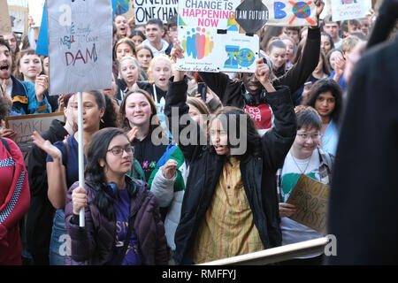 Sheffield, Großbritannien. 15 Feb, 2019. Schülerinnen und Schüler haben nach der Schule eine Rallye durch die Jugend Streik 4 Klima an der Sheffield Rathaus organisiert. Nach dem Beispiel von Greta Thunberg Studenten Streiken gegen fehlende politische Aktion zu protestieren, den Klimawandel abzuschwächen. Quelle: Jeremy Abrahams/Alamy leben Nachrichten Stockfoto