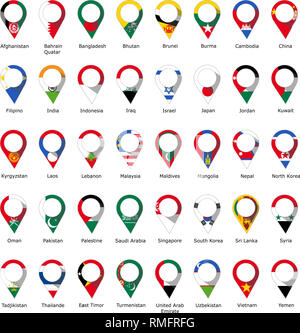 Flaggen in der Form einer pin aus asiatischen und osteuropäischen Ländern mit ihren Namen unten geschrieben Stockfoto
