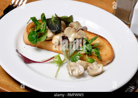 Pilze auf Toast auf weiße Platte Stockfoto