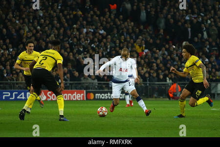 LONDON, ENGLAND - 13. FEBRUAR 2019: Lucas von Tottenham während der Champions League Match zwischen den Tottenham Hotspur und Borussia Dortmund im Wembley Stadion, London. Stockfoto