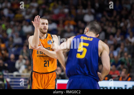 Madrid, Spanien. 14 Feb, 2019. Matt Thomas während FC Barcelona Lassa Sieg über Valencia Warenkorb Club (86 - 79) im Copa del Rey 2019 Spiel (Viertelfinale) feierte in Madrid (Spanien) an Wizink Center. 14. Februar 2019. Credit: Juan Carlos García Mate/Pacific Press/Alamy leben Nachrichten Stockfoto