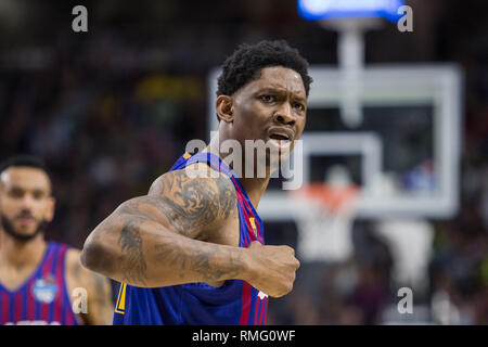 Madrid, Spanien. 14 Feb, 2019. Kevin Seraphin während FC Barcelona Lassa Sieg über Valencia Warenkorb Club (86 - 79) im Copa del Rey 2019 Spiel (Viertelfinale) feierte in Madrid (Spanien) an Wizink Center. 14. Februar 2019. Credit: Juan Carlos García Mate/Pacific Press/Alamy leben Nachrichten Stockfoto