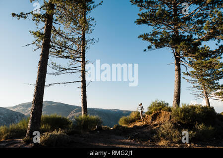 Seitenansicht Silhouette der männlichen auf dem Hügel zwischen Pinienwäldern an Bergen und blauem Himmel in sonniger Tag suchen Stockfoto