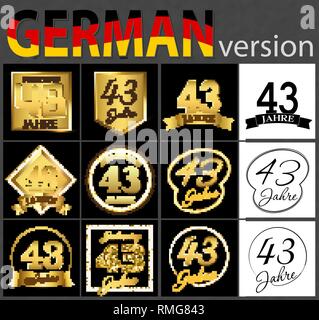 Satz von Nummer 43 Jahre (43 Jahre) fest. Jahrestag goldene Vorlage Anzahl Elemente für Ihre Geburtstagsfeier. Übersetzt von Th Stock Vektor