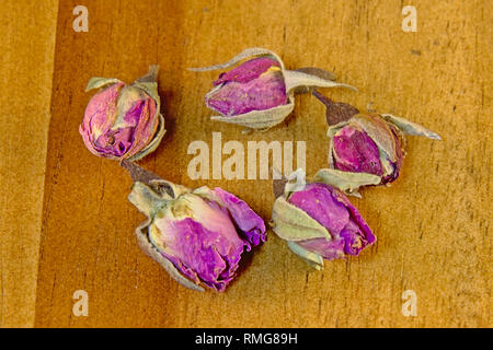 Getrocknete rosa Rose Knospen auf Holz Hintergrund, Overhead - Rosaceae Stockfoto