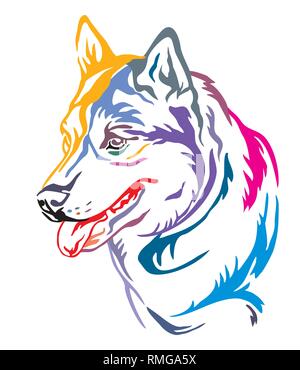 Bunt dekorativ Umrisse Portrait von Hunde Siberian Husky suchen im Profil, Vector Illustration in verschiedenen Farben auf weißem Hintergrund. Ich Stock Vektor