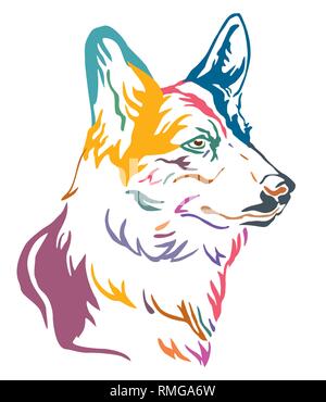 Bunt dekorativ Umrisse Portrait von Hund Welsh Corgi suchen im Profil, Vector Illustration in verschiedenen Farben auf weißem Hintergrund. Imag Stock Vektor