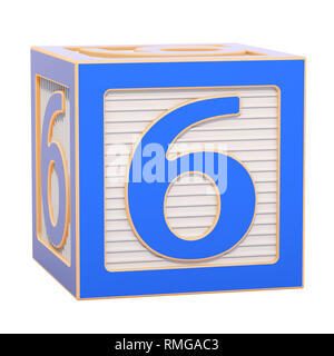 ABC Alphabet Holzblock mit Nummer 6. 3D-Rendering auf weißem Hintergrund Stockfoto