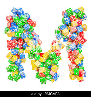 Buchstabe M, von ABC Alphabet Holzklötze. 3D-Rendering auf weißem Hintergrund Stockfoto