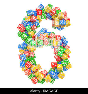 Nummer 6, von ABC Alphabet Holzklötze. 3D-Rendering auf weißem Hintergrund Stockfoto