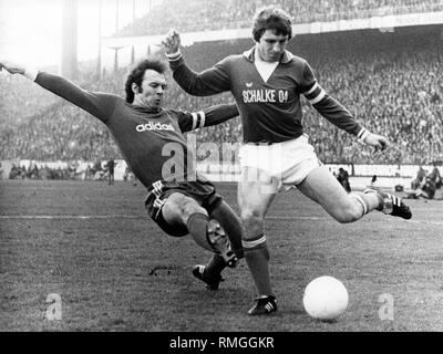 Franz Beckenbauer (links) und Klaus Fischer während dem Spiel Schalke 04 - Bayern München, der mit 0:0 endete. Stockfoto