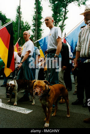 Dieses Foto zeigt die Teilnehmer in einer NPD-Kundgebung. Wegen der zunehmenden Gewalt von Rechtsextremisten und Gruppen gegen ausländische Mitbürger und Andersdenkende ein Verbot der NPD. unterwegs war. Stockfoto