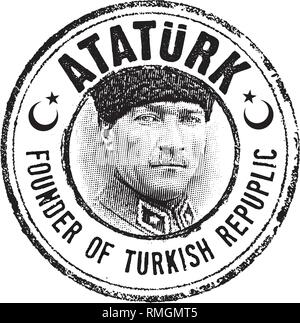 Mustafa Kemal Atatürk portrait Stempel in Strichzeichnungen Illustration, Er war der Gründer der türkischen Republik und Führer. Stock Vektor