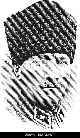 Mustafa Kemal Atatürk portrait in Strichzeichnungen Illustration, Er war der Gründer der türkischen Republik und Führer. Stock Vektor